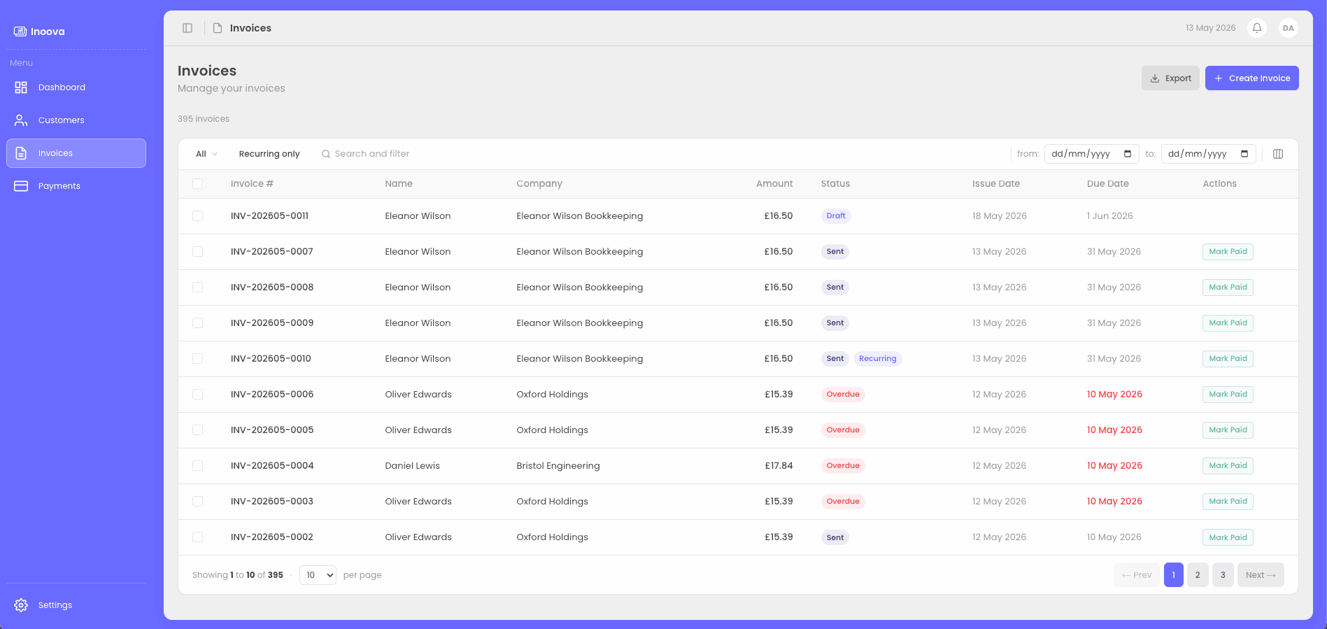 Inoova admin invoices view — list of invoices with status, amount, due date, and Mark Paid actions